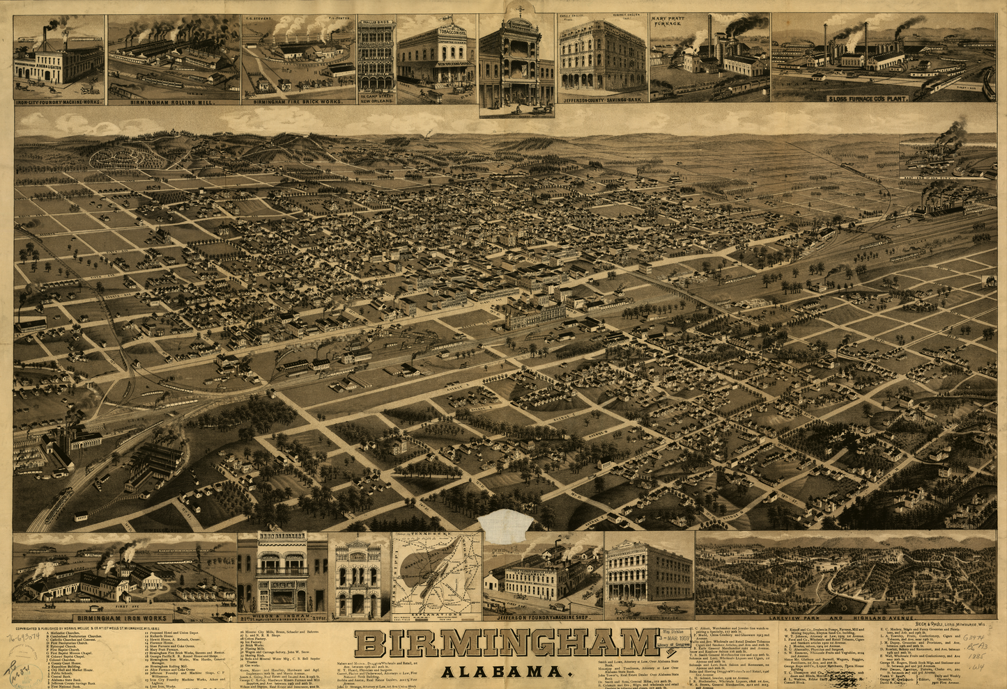 1885 Panoramic Map of Birmingham Alabama