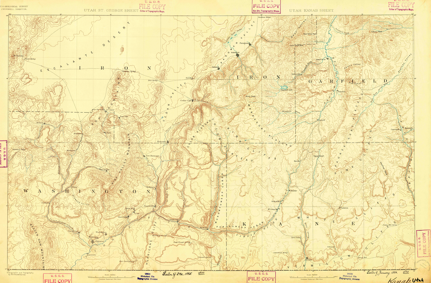 1885 Map of Greater Zion (Zion Canyon, St. George, Kanab, Cedar City, Brian Head)